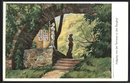 Künstler-AK Neuburg am Inn, Schloss, Aufgang von der Terrasse in den Burghof, Künstler-Erholungsheim