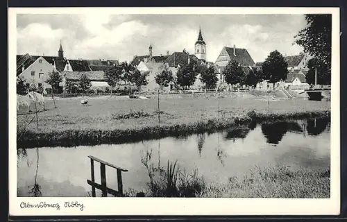 AK Abensberg /Ndby., Ortsansicht mit Kirche und Fluss