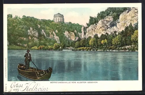 AK Kelheim, Befreiungshalle vom Kloster gesehen, Fluss, Felsformation