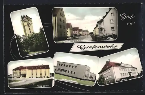 AK Grafenwöhr, Wasserturm, Wohnsiedlung an der Vilseckerstrasse, Neue Schule, Jugendwohnheim, Schule