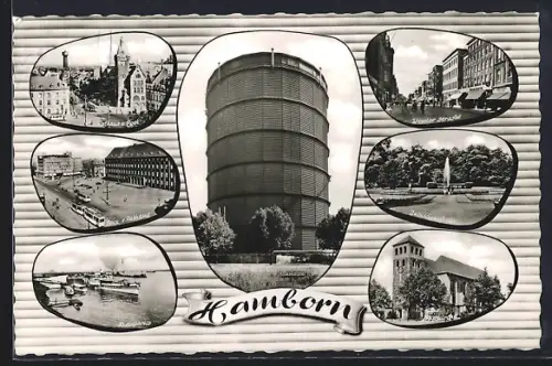 AK Hamborn / Duisburg, Gaskessel, Rathaus und Post, Rheinpartie und Weseler Strasse