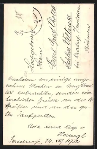 AK Seredné, Ruine und Kirchen vom Ort