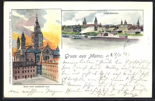 Lithographie Mainz, Totalansicht, Dom vom Leichhof gesehen