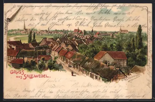 Künstler-AK Erwin Spindler: Salzwedel, Totalansicht