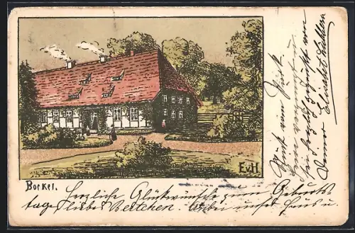 Künstler-AK Bockel, Gebäudeansicht mit Garten