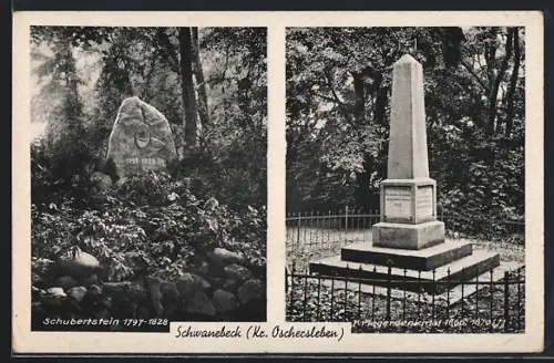 AK Schwanebeck / Kr. Oschersleben, Kriegerdenkmal und Schubertstein