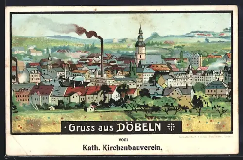 Künstler-AK Döbeln, Stadtansicht mit Fabrik