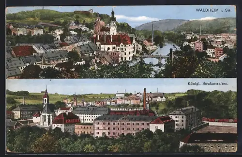 AK Waldheim i. Sa., Panorama und Königliche Strafanstalten aus der Vogelschau