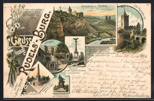 Lithographie Rudelsburg, Gesamtansicht mit Saaleck, Burghof, Denkmäler