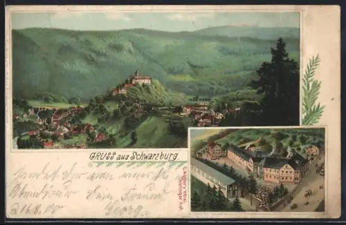 Lithographie Schwarzburg, Panorama mit Hotel Thüringer Hof