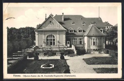 AK Hanau, Offiziers-Kasino des III. Eisenbahn-Regiments, Gartenseite, Kaserne
