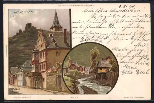 Künstler-AK C.Biese: Lorch / Rhein, Ortspartie und Idyll an der Wisper