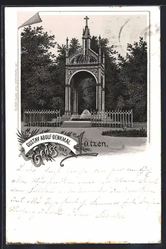 Lithographie Lützen, Gustav Adolf Denkmal