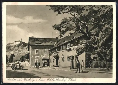 AK Dorndorf a. Saale, Historischer Gasthof Blaues Schild H. Karnischky mit Strasse und Schloss