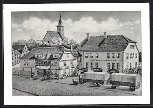 AK Hünfeld /Hessen, Gasthaus zum Goldnen Adler J. Hodes mit Strasse u. Kirche aus der Vogelschau, LKW