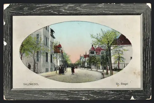 AK Salzwedel, Gr. Stegel, Strassenpartie mit Turmgebäuden u. Kirchturmspitze, im Rahmen