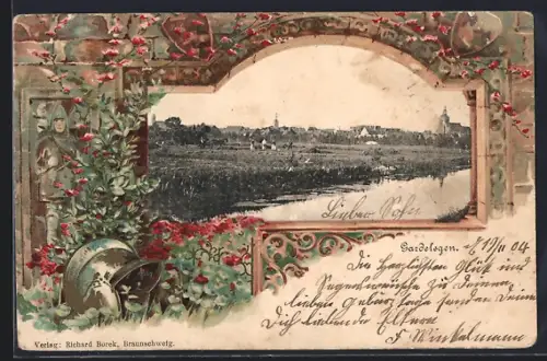 Passepartout-Lithographie Gardelegen, Ortspanorama vom Wasser aus, Burgfenster mit Blumen und Ritterhelm