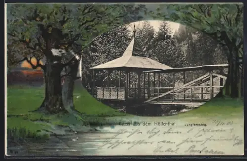 Lithographie Höllenthal / Frankenwald, Jungfernsteg, Pavillon, Gewässerpartie mit untergehender Sonne