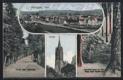 AK Königsee /Thür., Kirche, Totalansicht, Strasse nach Paulinzella