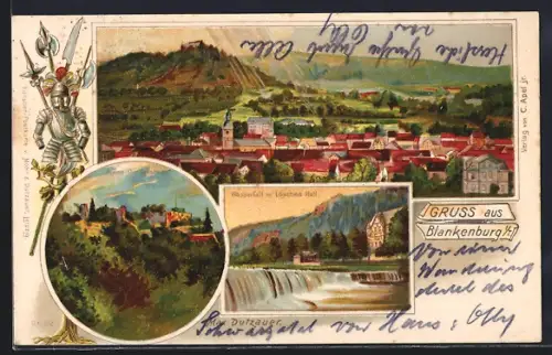 Lithographie Blankenburg / Schwarzatal, Ruine Greifenstein, Wasserfall mit Lösches Hall, Ortsansicht aus der Vogelschau