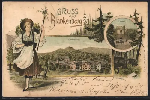 Lithographie Blankenburg, Eberstein mit Ebern, Panorama, Frau in Tracht