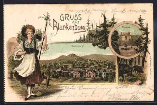 Lithographie Blankenburg, Eberstein, Ortsansicht, Blankensteinerin in Tracht