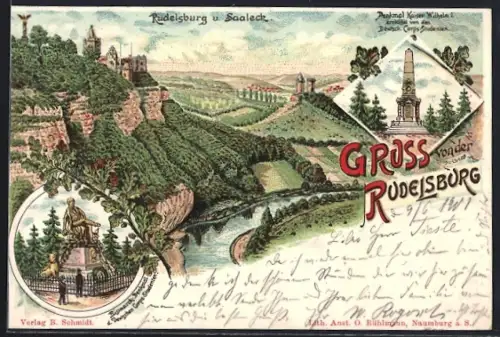 Lithographie Saaleck / Saale, Ortsansicht mit Rudelsburg, Denkmal Kaiser Wilhelm I. und Bismarck-Denkmal