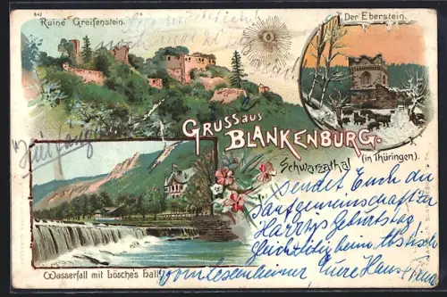 Sonnenschein-AK Blankenburg /Schwarzathal, Eberstein, Ruine Greifenstein, Wasserfall mit Lösche`s Hall