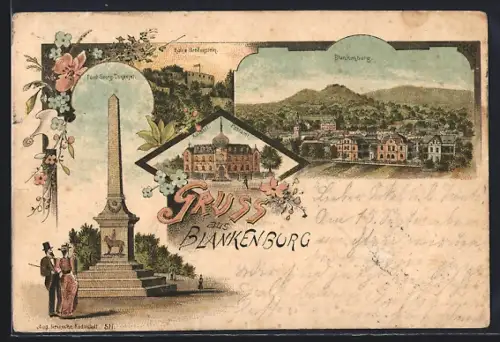 Lithographie Blankenburg / Schwarzatal, Fürst Georg-Denkmal, Kaiserl. Postamt