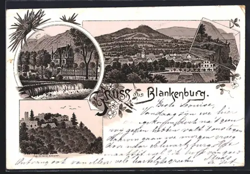 Lithographie Blankenburg / Schwarzatal, Wehr am Chrysopras, Burgruine, Ortsansicht