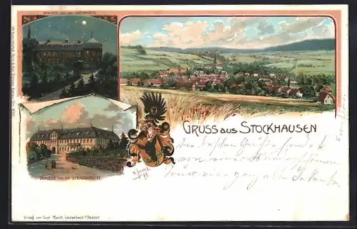 Lithographie Stockhausen / Hessen, Schloss, Ortspanorama