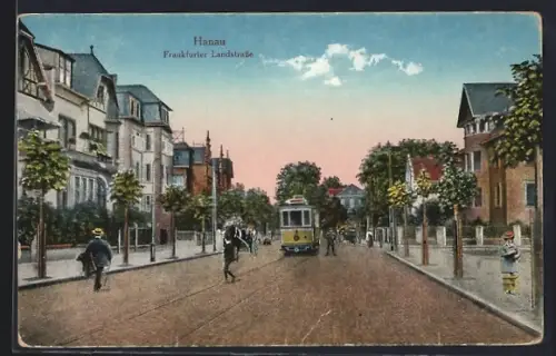 AK Hanau, Frankfurter Landstrasse, Strassenbahn im Stadtbild