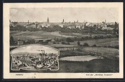 AK Hanau, Brauerei Kaiser aus der Vogelschau, Blick von der Terrasse Zur schönen Aussicht