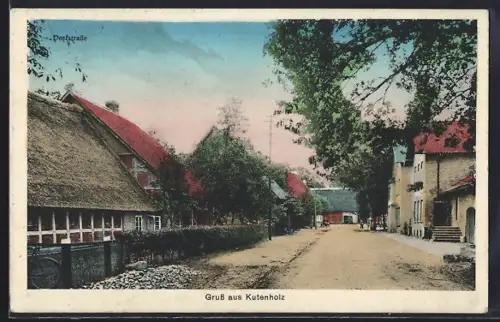 AK Kutenholz, Dorfstrasse mit Reetdachgebäude