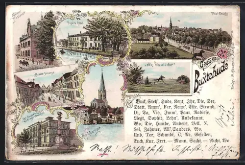 Lithographie Buxtehude, Peper`s Hotel, Kaiserl. Postamt, Breite Strasse, Kgl. Baugewerkschule mit Kriegerdenkmal, Am Moo