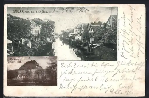 AK Estebrügge, Esteburg, Wasserstrasse mit Häusern