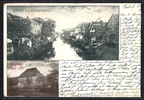 AK Estebrügge, Esteburg mit Strasse, Wasserstrasse mit Häusern