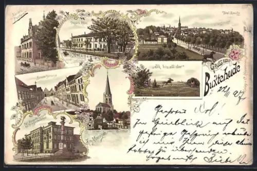 Lithographie Buxtehude, Peper`s Hotel, Kaiserl. Postamt, Breite Strasse, Kgl. Baugewerkschule mit Kriegerdenkmal, Am Moo