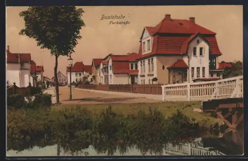AK Buxtehude, Parkstrasse mit Brücke vom Wasser aus