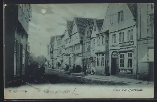 Mondschein-AK Buxtehude, Lange Strasse mit Glockes Hotel