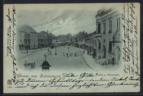 Mondschein-AK Schönebeck /Elbe, Markt und Elbstrasse aus der Vogelschau