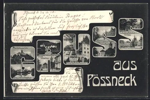 AK Pössneck, Lutherplatz u. Realschule, Schloss Hummelshain, Marktplatz m. Mauritiuskirche, Schriftzug-Passepartout