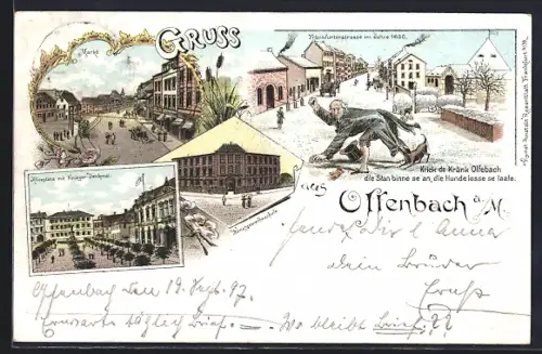 Lithographie Offenbach / Main, Aliceplatz mit Kriegerdenkmal, Kunstgewerbeschule, Frankfurter Strasse im Jahre 1836