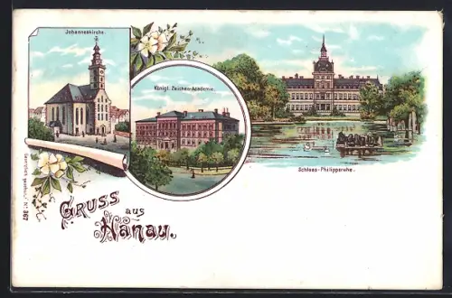 Lithographie Hanau, Johanneskirche, Kgl. Zeichen-Academie, Schloss Philippsruhe