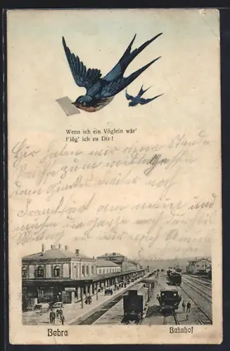 Schwalben-AK Bebra, Bahnhof mit Bahnsteig, Zug u. Eisenbahnern aus der Vogelschau, Briefschwalbe