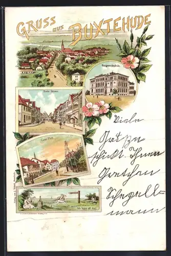 Lithographie Buxtehude, Baugewerkschule, Breite Strasse, Geest-Thor