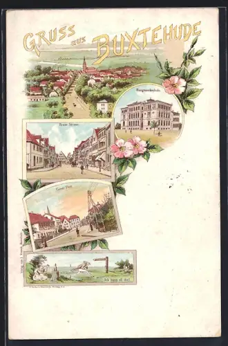 Lithographie Buxtehude, Baugewerkschule, Breite Strasse, Geest-Thor