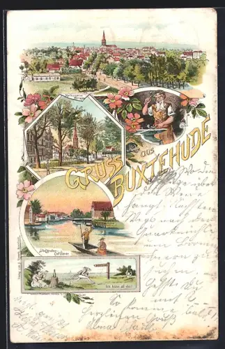 Lithographie Buxtehude, Ortsansicht mit Kirche, Harburger Strasse, Stadtgraben-Ost Viever