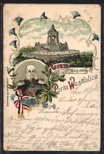 Lithographie Porta Westfalica, Portrait Kaiser Wilhelm I., Kaiser Wilhelm Denkmal
