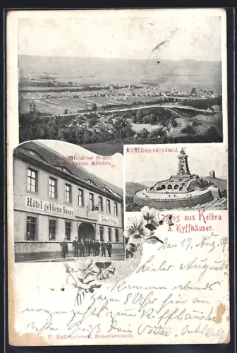 AK Kelbra a. Kyffhäuser, Hotel Goldene Sonne, Bes. Bruno Möhlau, Kyffhäuserdenkmal